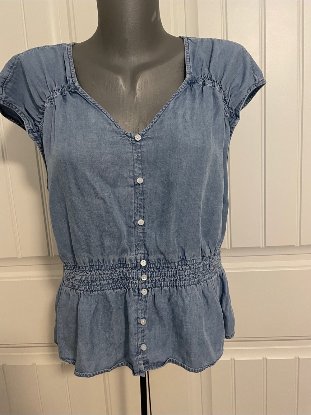 Sonoma Light Blue Button-Front Smocked Waist Blouse